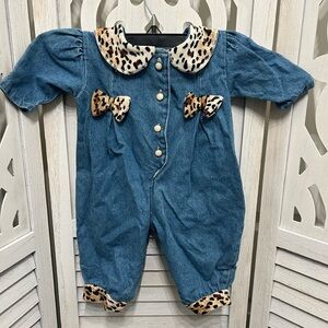 Blue Vintage Denim Baby Romper with Leopard Accents by Cradle Togs
